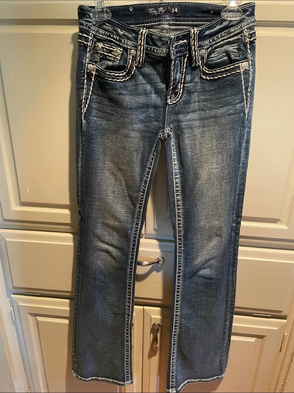 Miss Me Blue Washed Bootcut Jeans with Contrast Stitching